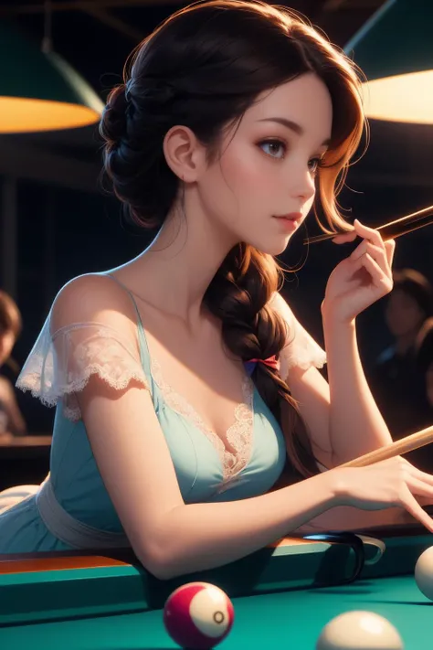 ( detailed realistic background:1),
( official art, beautiful and aesthetic:1 ),
realistic lighting,
cinematic lighting,
hyperrealism,
soothing tones,
muted colors,
high contrast,
soft light,
sharp,
artistic photoshoot,
( cute, petite ),
slender,
european,
pale cheeks,
square face shape with angular jaw,
natural "no-makeup" makeup,
small breasts,
,
brunette hair ,
infinity braid hairstyle ,
<lora:girllikepoolball_v20:0.8> aim pool ball, both hands holding pool cue, lean on table, bend over, ribbon, lace dress, professional game, night