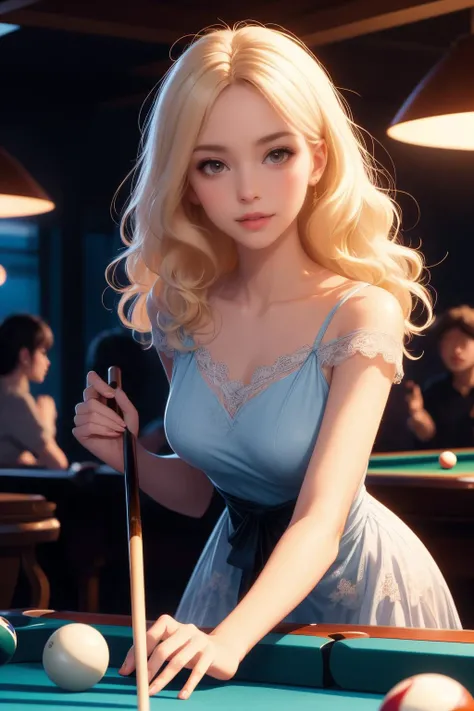 ( detailed realistic background:1),
( official art, beautiful and aesthetic:1 ),
realistic lighting,
cinematic lighting,
hyperrealism,
soothing tones,
muted colors,
high contrast,
soft light,
sharp,
artistic photoshoot,
( cute, petite ),
slender,
european,
pale cheeks,
square face shape with angular jaw,
natural "no-makeup" makeup,
small breasts,
,
platinum blonde hair ,
flowy waves hair ,
<lora:girllikepoolball_v20:0.8> aim pool ball, both hands holding pool cue, lean on table, bend over, ribbon, lace dress, professional game, night