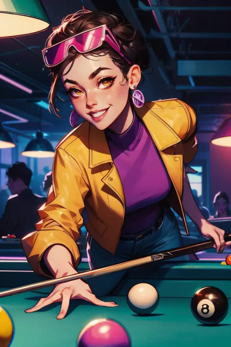 jubilee, short black hair, brown eyes, purple shades on head, hoop earrings,open yellow jacket, pink shirt, denim shorts, looking at viewer, smiling, lean on table, holding cue stick, aim pool ball, poo table, bar, neon lighting, high quality, masterpiece, high quality, masterpiece <lora:jubilee:.8> <lora:girllikepoolball_v20:.8>