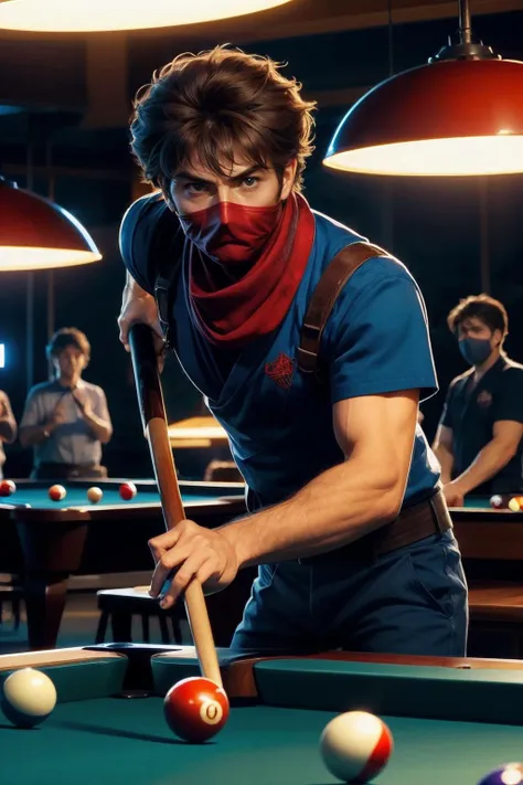 Strider_Hiryu, ninja, brown hair, red mask, scarf, blue dougi, looking serious, lean on table, holding cue stick, aim pool ball, poo table, bar, neon lighting, high quality, masterpiece, <lora:girllikepoolball_v20:.9>   <lora:Strider_Hiryu:.8>