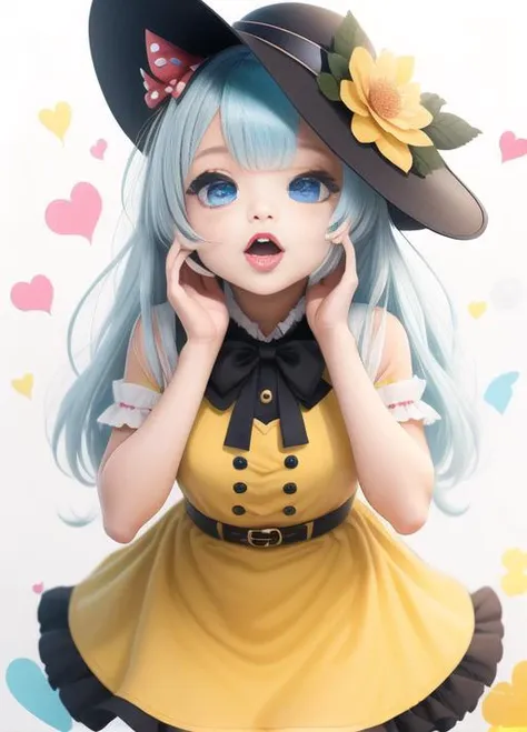 1girl,hand on cheeks  blue eyes, looking at viewer, heart, dress, hat, flower, 1girl, open mouth, white background, long hair, bangs, short sleeves, blue hair, yellow dress, black headwear, bow, belt, ribbon, simple background, hat flower<lora:PunchFace-000010:0.5>