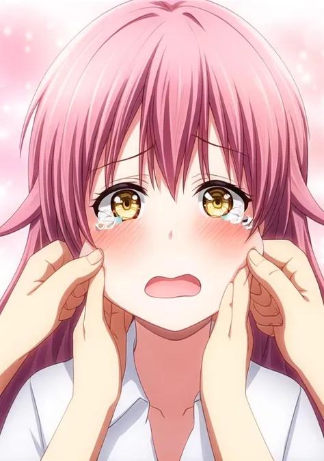1girl, crying,cheek pinching,yellow eyes,hands on hand on another's head, lip,open mouth, pink hair, <lora:PinchingFace:0.8> <lora:add_detail:0.8>