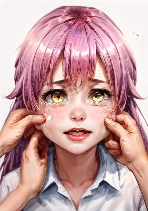 1girl, crying,cheek pinching,yellow eyes,hands on hand on another's head, lip,open mouth,  pink hair,  <lora:PinchingFace:0.8> <lora:add_detail:0.8>
