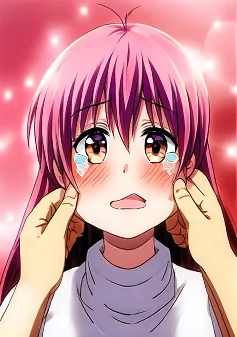 1girl, crying,cheek pinching,yellow eyes,hands on hand on another's head, pink hair, <lora:PinchingFace:1> <lora:add_detail:0.8>
