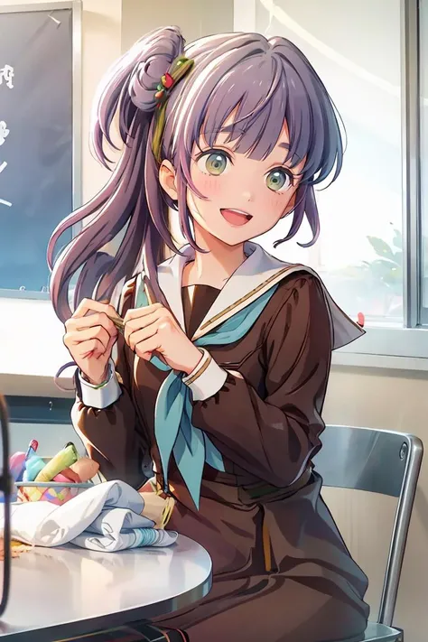 <lora:Kozue:1> LLKozue, smile, open mouth, skirt, shirt, hair ornament, long sleeves, holding, sitting, school uniform, :d, serafuku, indoors, sailor collar, star (symbol), blurry, neckerchief, blurry background, chair, table, brown skirt, white sailor collar, food-themed hair ornament, brown dress, brown shirt, blue neckerchief, on chair, needle, holding needle, thread, sewing