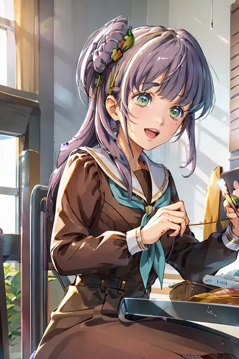 <lora:Kozue:1> LLKozue, smile, open mouth, skirt, shirt, hair ornament, long sleeves, holding, sitting, school uniform, :d, serafuku, indoors, sailor collar, star (symbol), blurry, neckerchief, blurry background, chair, table, brown skirt, white sailor collar, food-themed hair ornament, brown dress, brown shirt, blue neckerchief, on chair, needle, holding needle, thread, sewing