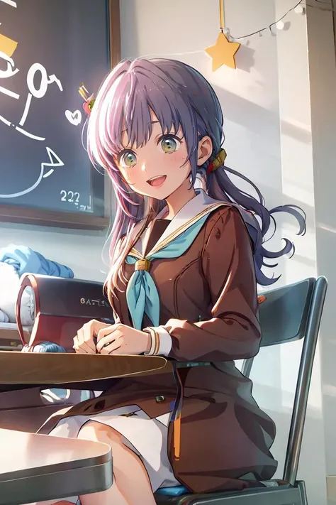 <lora:Kozue:1> LLKozue, smile, open mouth, skirt, shirt, hair ornament, long sleeves, holding, sitting, school uniform, :d, serafuku, indoors, sailor collar, star (symbol), blurry, neckerchief, blurry background, chair, table, brown skirt, white sailor collar, food-themed hair ornament, brown dress, brown shirt, blue neckerchief, on chair, needle, holding needle, thread, sewing