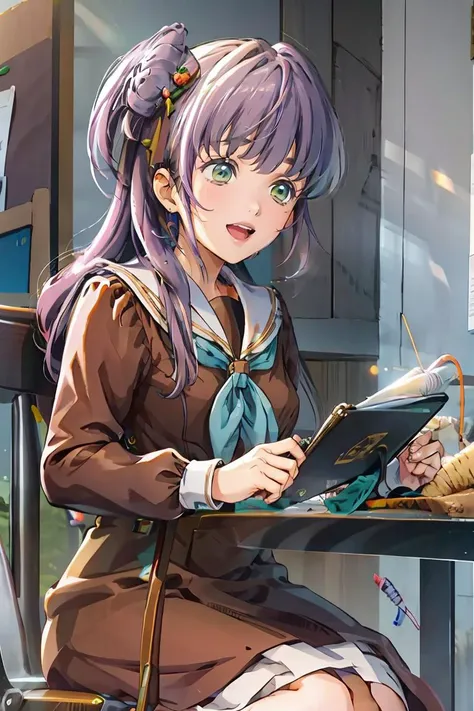 <lora:Kozue:1> LLKozue, smile, open mouth, skirt, shirt, hair ornament, long sleeves, holding, sitting, school uniform, :d, serafuku, indoors, sailor collar, star (symbol), blurry, neckerchief, blurry background, chair, table, brown skirt, white sailor collar, food-themed hair ornament, brown dress, brown shirt, blue neckerchief, on chair, needle, holding needle, thread, sewing