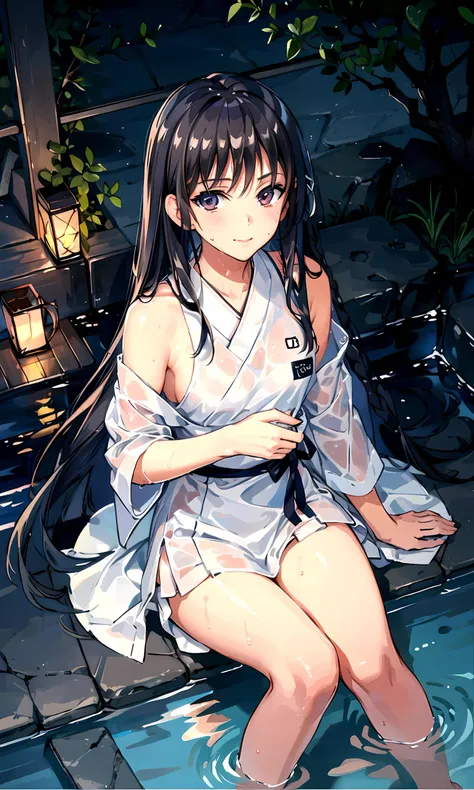 masterpiece, highres, best quality, 1girl solo, sitting, from above, looking at viewer, light smile, wading, wet hair, night, poolside, japanese onsen, <lora:horikitaSuzuneClassroom_v1:0.7>