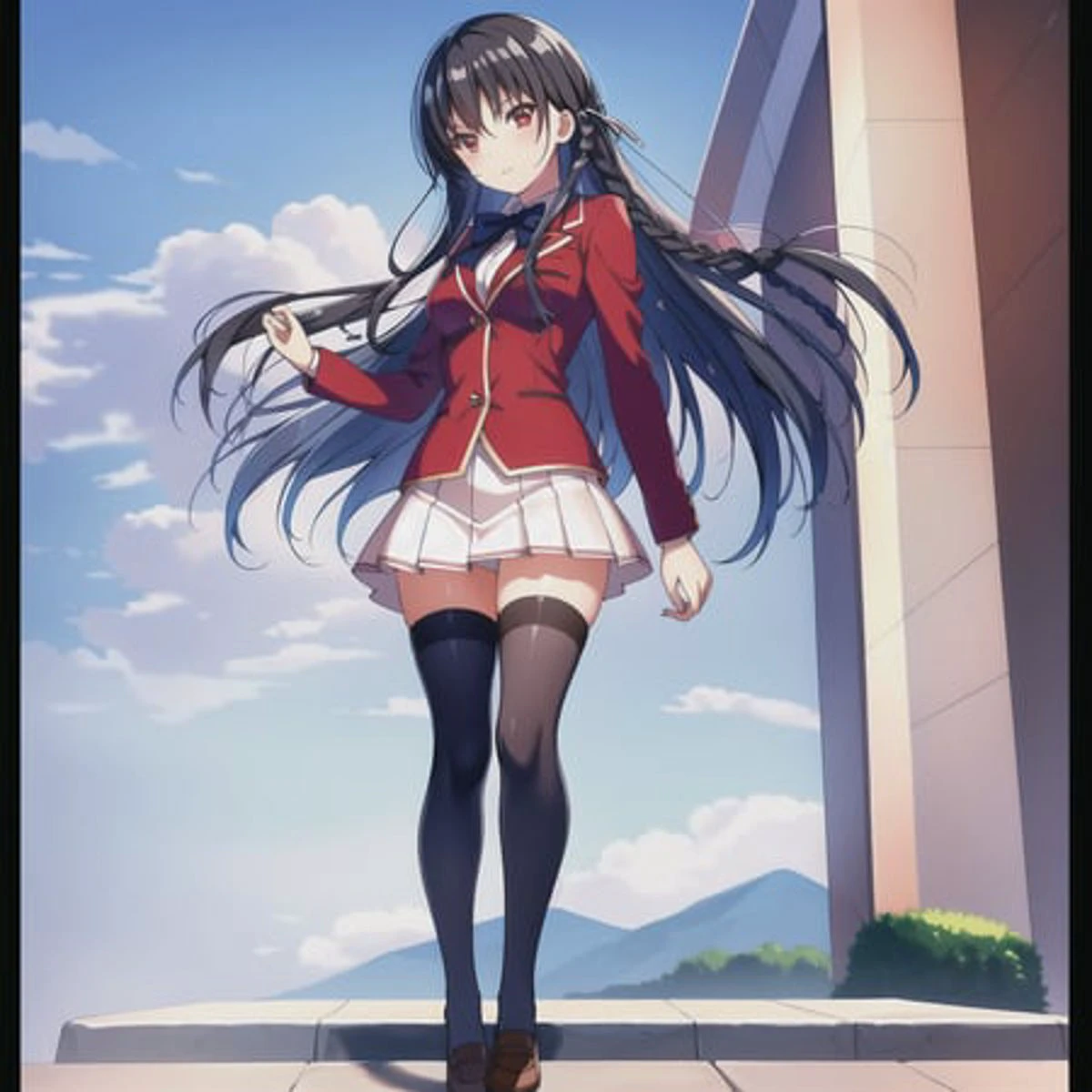 girl, 1girl, red school uniform, black hair, braids, white hair tie, white skirt, red eyes, long hair, long sleeves, standing to the right, looking at viewer, solo, standing, school courtyard, beautiful scenery, dynamic lighting, flowers, clouds, absurdres, highres, omagacchu, mushoku tensei <lora:horikitaSuzuneClassroom_v1:0.7>