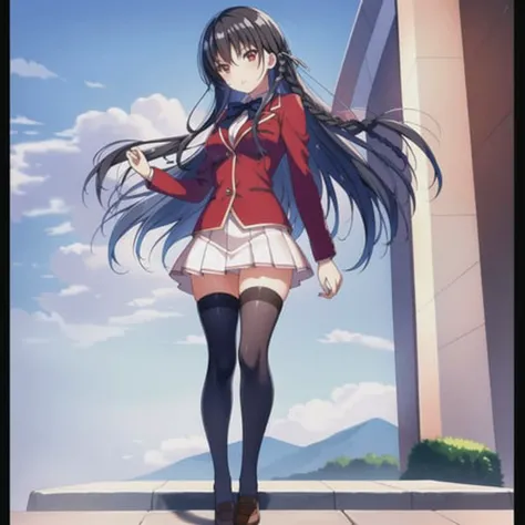 Akame,romantic style,(best quality,4k,8k,highres,masterpiece:1.2),ultra-detailed,(realistic,photorealistic,photo-realistic:1.37),detailed eyes,detailed lips,longeyelashes (Akame's eyes are carefully drawn, Eyelashes are long and clearly visible。) ,1girl,charming appearance,navy blue school uniform,(professional,polished:1.1),yellow accents,pattern of writing utensils,long black pleated skirt (A charming student uniform,dark blue theme,Detail processing is professional and exquisite,Highlight with yellow decoration,There is a stationery pattern on the skirt.。),vivid colors (Vibrant and rich colors),soft lighting (gentlesoftlighting),romantic atmosphere (Romantic atmosphere)
