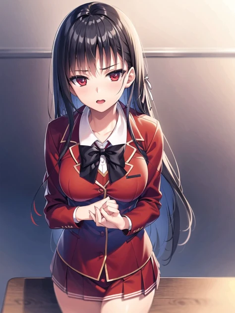 <lora:Horikita:0.7>
a woman in red school uniform,black hair, red eyes, classroom
masterpeace, best quality, (extremely detailed CG:1.4), highly detailed faces