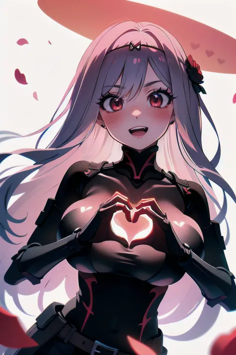 (photorealistic:1.3), masterpiece, detailed, alluring, 1girl, (five fingers), (huge breasts), <lora:rose-nikke-richy-v1:1>, nikkerose, (halo), circlet, hair ornament, red eyes, short dress, belt, bodystocking, gauntlets, very long hair, (:D:1.2, eyes:red, eye lashes:1.2, blush:1.3), <lora:heartChest:0.5>, heartChest,serious, v-shaped eyebrows, (((glowing heart, silhouette, glowing heart hands on chest, heart-shaped hands, upper body))), (dark petals falling:1.3), white background