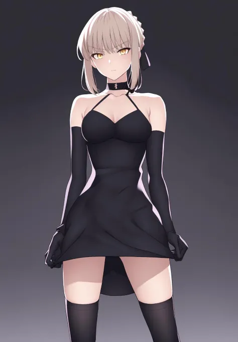 Young girl of 19 years old, emotionless and cold look, blue eyes, gray eyes as if she were blind, long eyelashes, perfect nose, small lips with red makeup, round face, Very marked black eyeliner, you can notice dark circles under her eyes, she wears an elegant black sleeveless dress, showing her arms with thin scars from cuts,Thin and well-kept hands, flat chest, body without sexy curves, thin and fragile legs,Short hair, bob style cut,White gloves, a small purse, and dark sunglasses over her hair,Soft and slightly pale skin, He has a small, almost imperceptible smile.