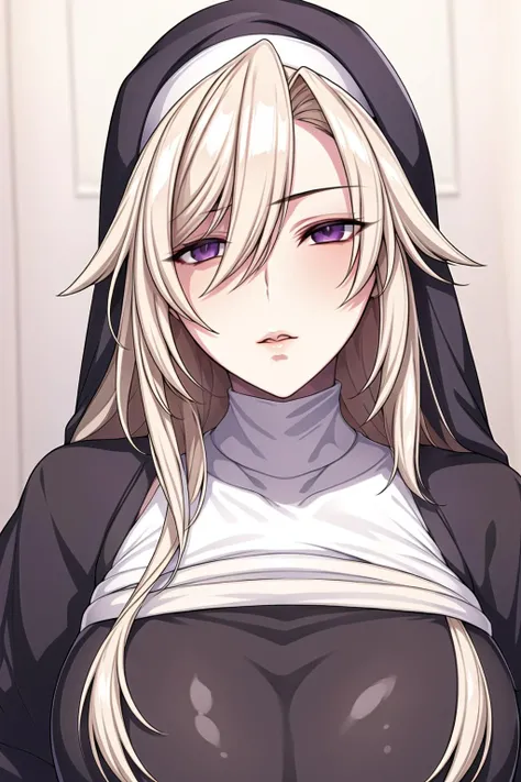 Simple White Background,
Black headwear, Black Dress, turtleneck, long sleeves, 
<lora:sister_anna_Okasare_Saimin-KK77-V1:0.7>,nun,
purple eyes, blonde hair,bangs,Long_hair,
<lora:Oda_Non_Style-KK77-V2:0.3>,<lora:more_details:0.1>,
1 girl, 20yo,Young female,Beautiful long legs,Beautiful body,
Beautiful Nose,Beautiful character design, perfect eyes, perfect face,expressive eyes,perfect balance,
looking at viewer,(Focus on her face),closed mouth, (innocent_big_eyes:1.0),(Light_Smile:0.3),
official art,extremely detailed CG unity 8k wallpaper, perfect lighting,Colorful, Bright_Front_face_Lighting,White skin,
(masterpiece:1.0),(best_quality:1.0), ultra high res,4K,ultra-detailed,
photography, 8K, HDR, highres, absurdres:1.2, Kodak portra 400, film grain, blurry background, bokeh:1.2, lens flare, (vibrant_color:1.2),professional photograph,
(Beautiful,large_Breasts:1.4), (beautiful_face:1.5),(narrow_waist),