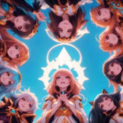 looking up, comingto, surrounded by cute pirate princess girls, <lora:comingto:0.35>, <lora:magepunk:0.75>, magepunk, scifi, geometric, aura, halo, newworld, perfect face, perfect hair