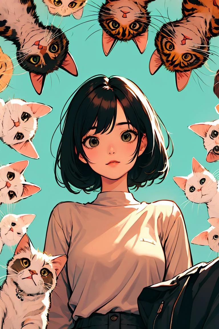 (masterpiece, best quality), 1girl, <lora:comingto:1> surrounded by cat,