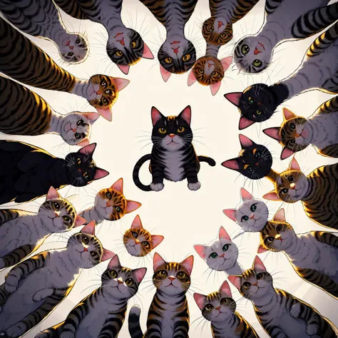 cat,surrounded by,coming to,a circle of,<lora:comingto:0.6>,