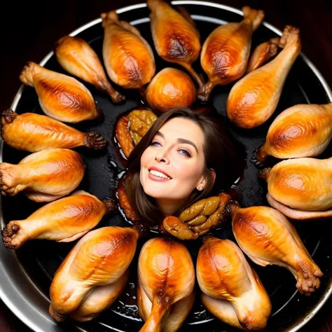 looking up surrounded by a circle of roast turkeys <lora:comingto:0.5> coming to