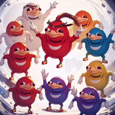 <lora:UgandaKnuckles>,UgandaKnuckles,red skin,white gloves,no humans,<lora:comingto:0.4>, surrounded by,coming to,a circle of,