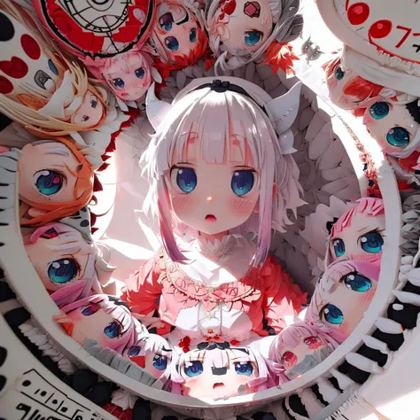 <lora:Kanna_Sora9>,1 little girl,kanna,maid dragon,surrounded by,coming to,a circle of,<lora:comingto:1>,