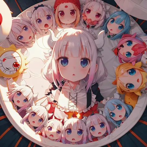 <lora:Kanna_Sora9>,1 little girl,kanna,maid dragon,surrounded by,coming to,a circle of,<lora:comingto:0.6>,