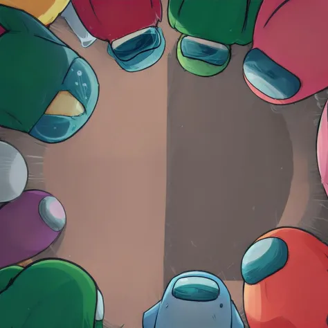 <lora:amongus:0.9> surrounded by different colored amongus, <lora:comingto:0.7>, coming to, no humans