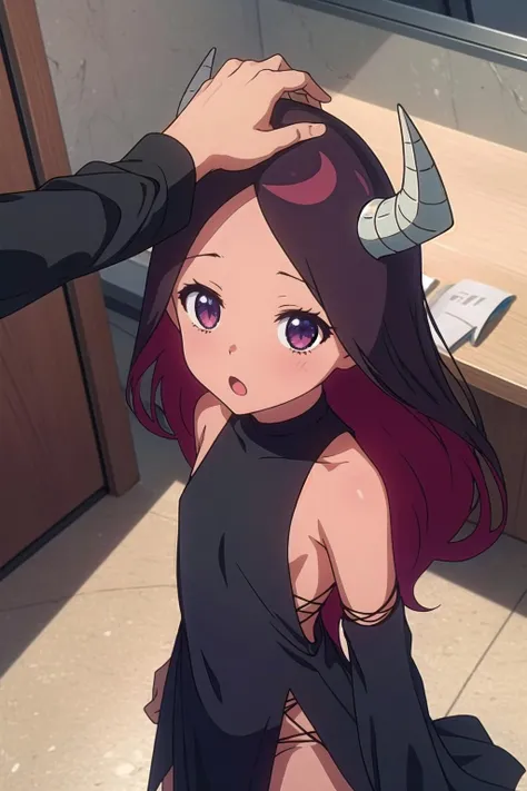absurdres, highres, ultra detailed, <lora:Jahy_Demon_Lord_V1-000007:0.9>, maou, black dress, side slits, black detached sleeves, HeadpatPOV, pov, headpat, from above, indoors, :o, <lora:HeadpatPOV:1>