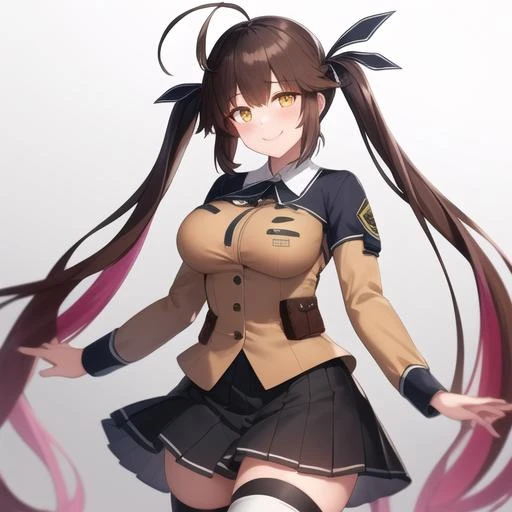 (masterpiece, best quality:1.2),illustration,8k,hd,1girl,solo,cowboy shot,m14 (girls frontline),brown shirt,ahoge,brown hair,eyebrows visible through hair,medium breasts,long sleeves,black skirt,multicolored hair,ribbon,zettai ryouiki,smile,twintails,two-tone hair,yellow eyes,white thighhighs,<lora:M14(gf)>,