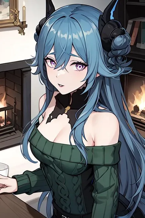 best quality, masterpiece, <lora:LamiaPGR:0.7>lamiapgr, hair buns, off shoulder, (green sweater), cowboy shot, fireplace, black lips, parted lips, looking at viewer, purple eyes,