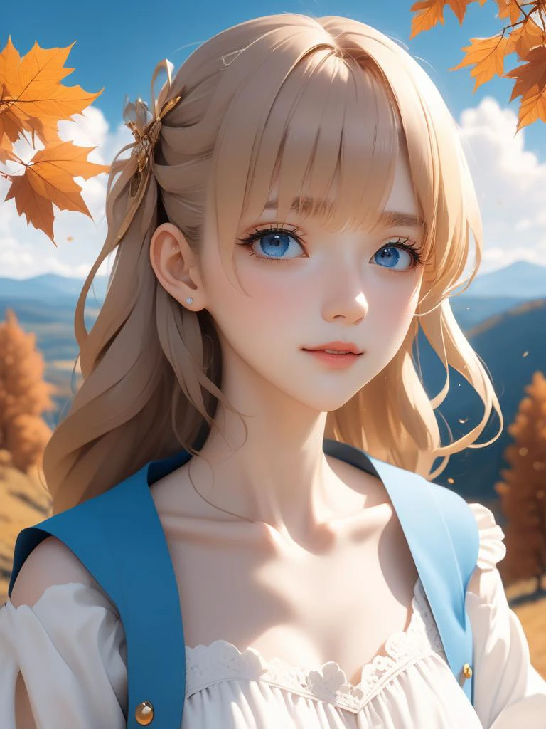 (masterpiece,best quality:1.5),ultra realistic,32k,RAW photo,(high detailed skin:1.2), 8k uhd, dslr, soft lighting, high quality, film grain,Sunlight ,(ð),ð²,ð¹, collarbone, eardrop,(wind),lady,(sexy:1.1),Blue sky, white clouds, view from above ,(Eastern European plateau), autumn day, anime