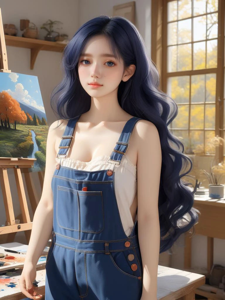(masterpiece,best quality:1.5),ultra realistic,32k,RAW photo,(high detailed skin:1.2), 8k uhd, dslr, soft lighting, high quality, film grain,masterpiece ,(ð,ðï¸),ðµ,ð¹, lady,(moss overalls, camisole:1.1),long hair, (wavy hair, deep indigo hair),summer day, in the painting studio,messy drawings,large breast,autumn day,(ð:1.1), Working,sweaty,gorgeous light and shadow, stunning environment,(vibrant colors:1.2),palettes, paintbrushes, paint splatters,, anime