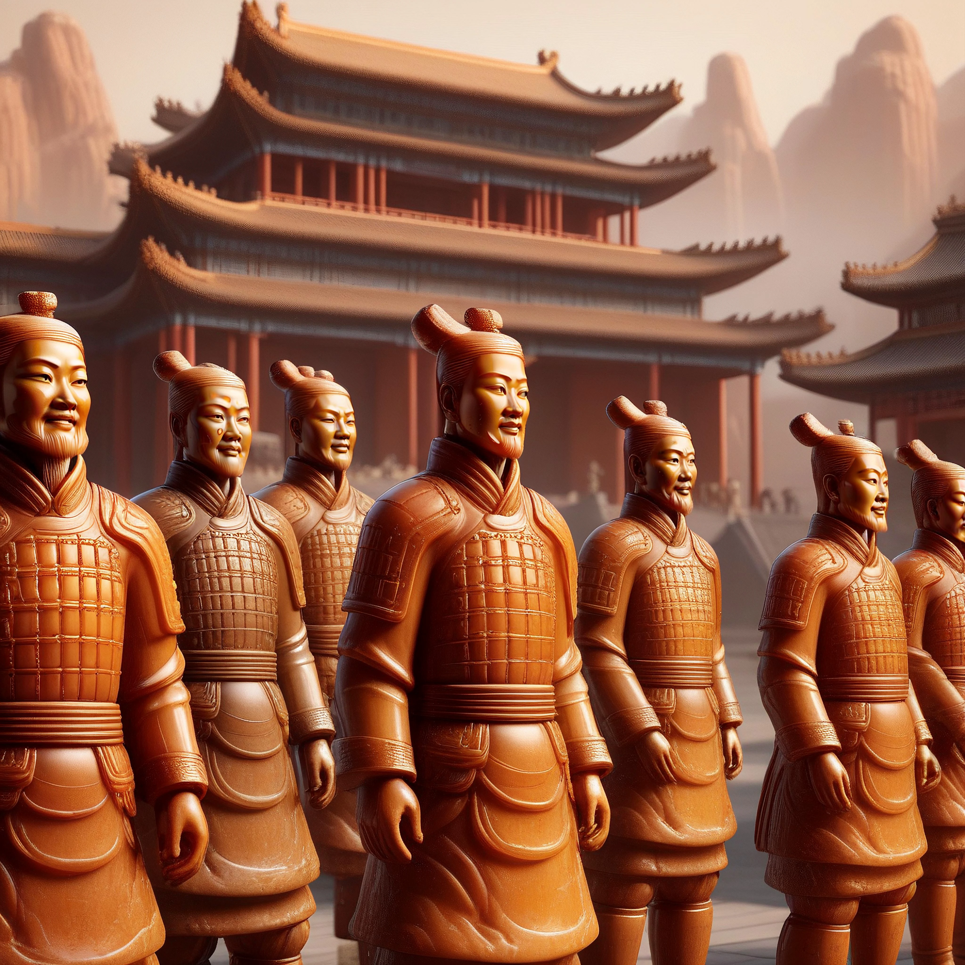 ral-amber, long view of 5 amber terracotta warriors, background is a Chinese palace, elaborate architecture, sharp focus,
<lora:ral-amber-sdxl:0.7>,
SK_3DRENDER, SK_Cinematic,