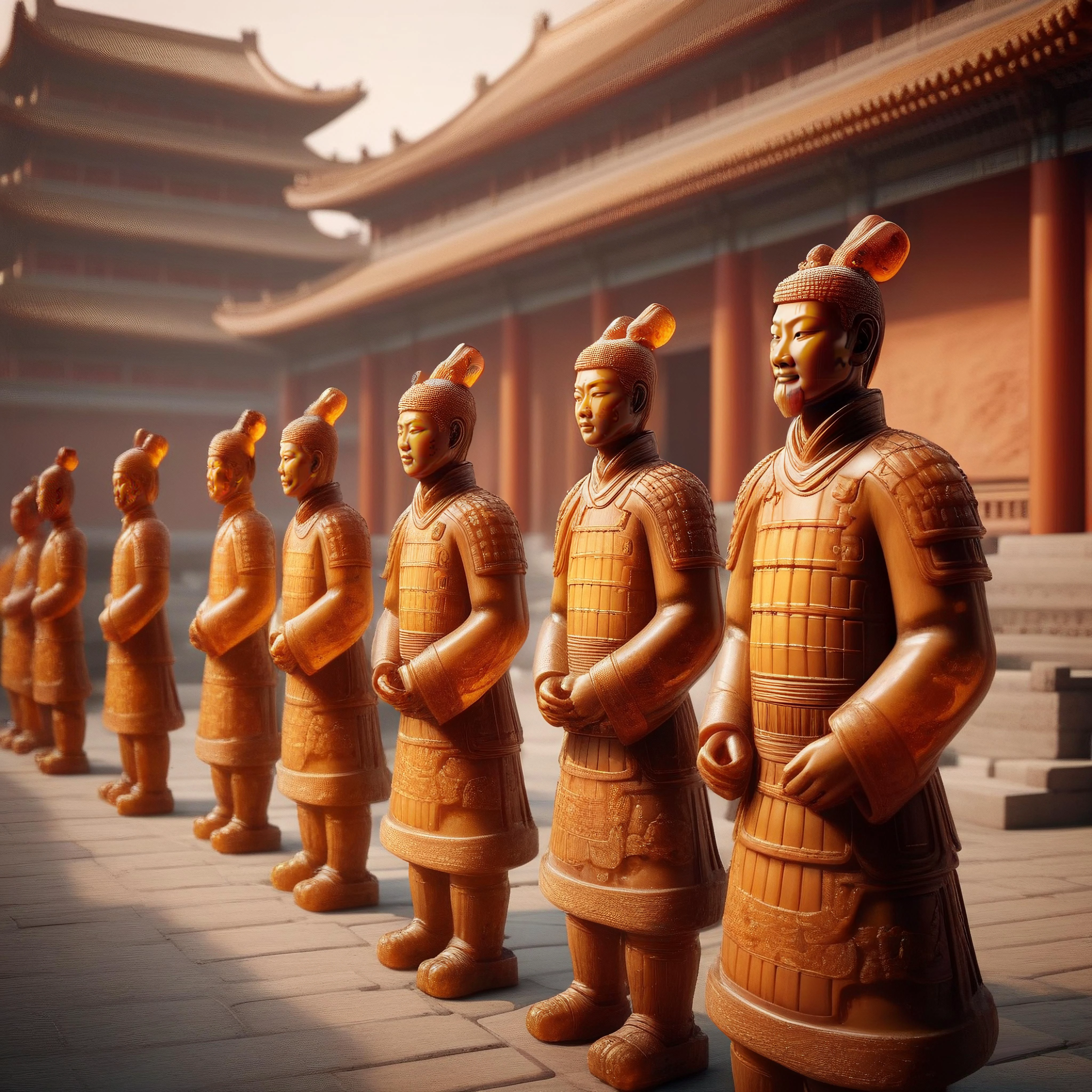 ral-amber, long view of 5 amber terracotta warriors, background is a Chinese palace, elaborate architecture, sharp focus,
<lora:ral-amber-sdxl:0.7>,
SK_3DRENDER, SK_Cinematic,