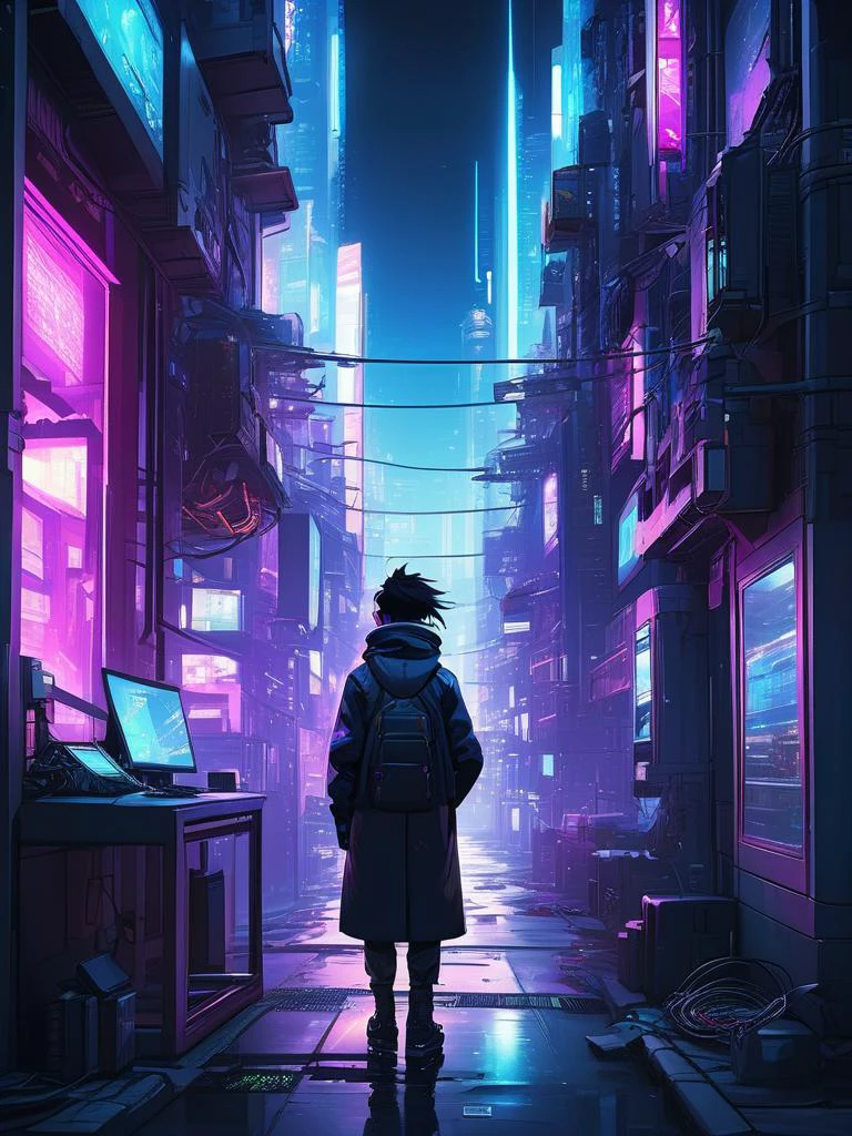 Cyberpunk anime scene of a hacker in a neon-lit alley, surrounded by futuristic gadgets, with a dynamic angle that captures the essence of the bustling city life, digital composition, trending on ArtStation.,
