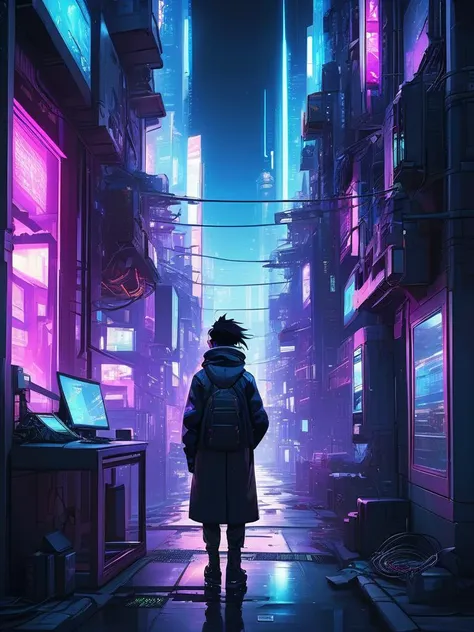 Cyberpunk anime scene of a hacker in a neon-lit alley, surrounded by futuristic gadgets, with a dynamic angle that captures the essence of the bustling city life, digital composition, trending on ArtStation.,