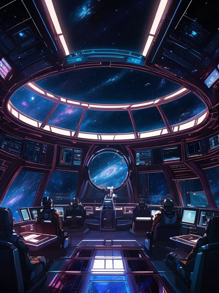 Space opera anime scene of a crew aboard their spaceship overlooking a distant galaxy, the vastness of space contrasted with the detailed interior of the ship, digital composition, trending on ArtStation.,