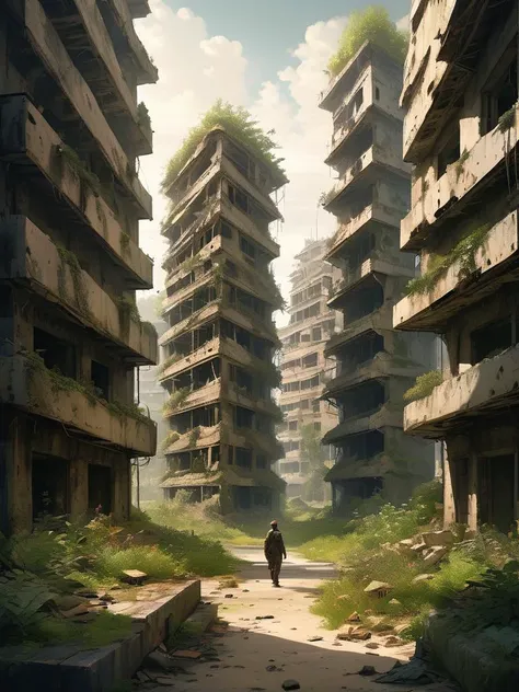 Post-apocalyptic anime scene of a lone survivor walking through a deserted city with ruins overgrown by nature, carrying the hope of finding others, with a focus on the contrast between desolation and resilience, digital composition, trending on ArtStation.,