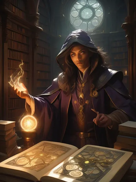 High fantasy anime portrait of a mage with glowing eyes, casting a spell in an ancient library filled with magical tomes, the light from the spell casting dramatic shadows, digital composition, trending on ArtStation.,