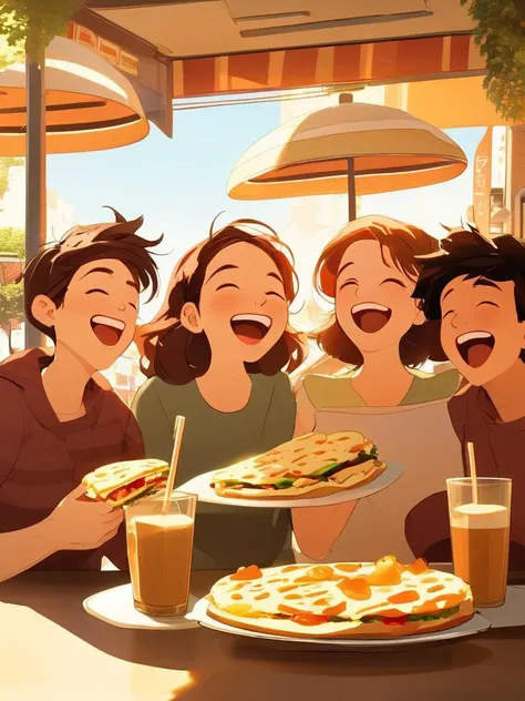 Slice-of-life anime scene of a group of friends laughing and sharing food at a cozy, sunlit café, with a focus on the warmth and detailed expressions that capture their bonds, digital composition, trending on ArtStation.,