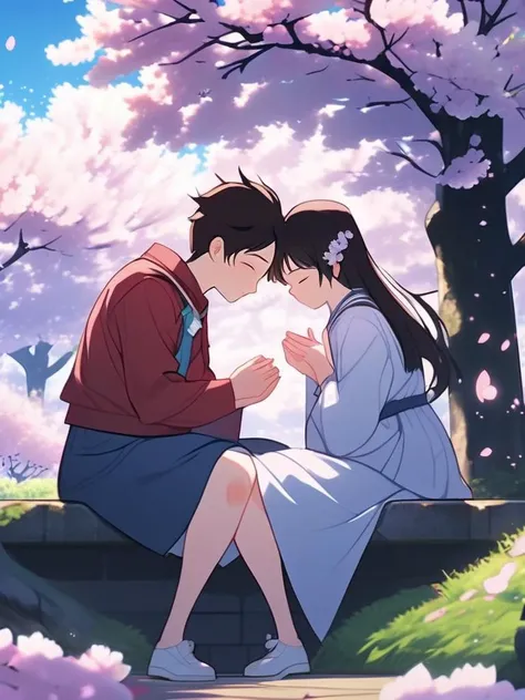 Romantic school anime scene of a shy confession under a blooming cherry blossom tree, the petals swirling around the blushing characters, capturing a soft, dreamy atmosphere, digital composition, trending on ArtStation.,