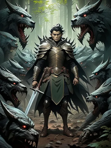 Dark fantasy anime scene of a warrior facing a horde of monsters in a cursed forest, with a focus on the eerie atmosphere and the fierce determination in the warriorâs stance, digital composition, trending on ArtStation.,