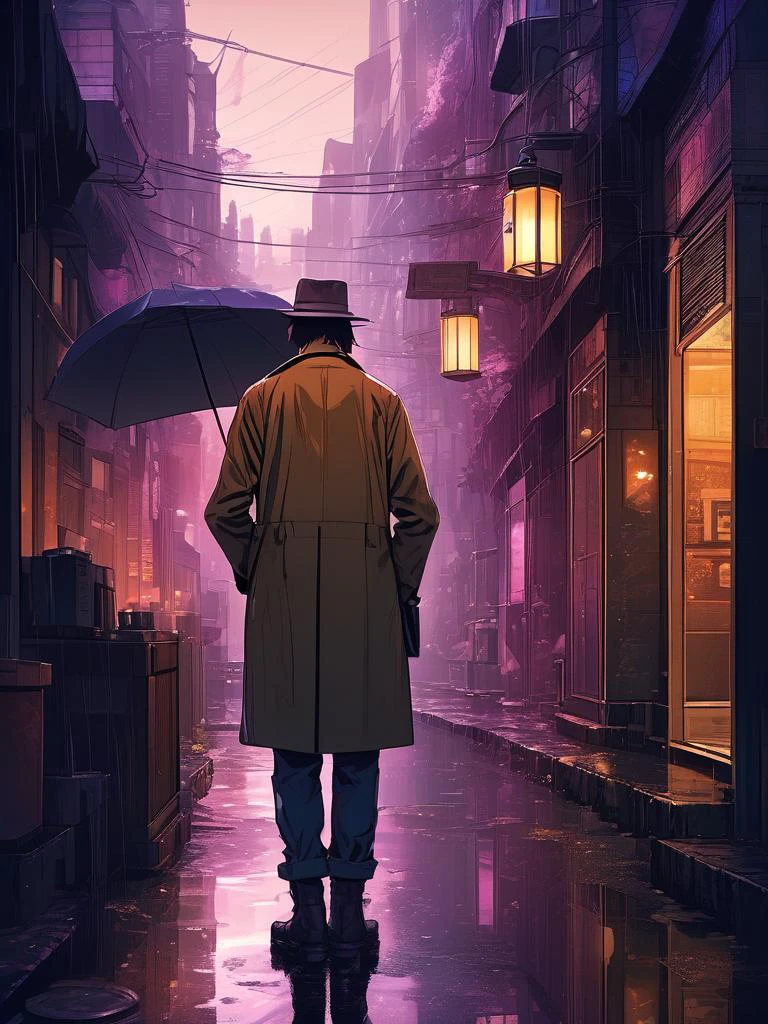 Urban fantasy anime scene of a detective with supernatural abilities investigating a mysterious incident in a rain-soaked alley, blending the gritty city environment with magical elements, digital composition, trending on ArtStation.,