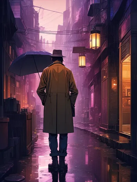 Urban fantasy anime scene of a detective with supernatural abilities investigating a mysterious incident in a rain-soaked alley, blending the gritty city environment with magical elements, digital composition, trending on ArtStation.,