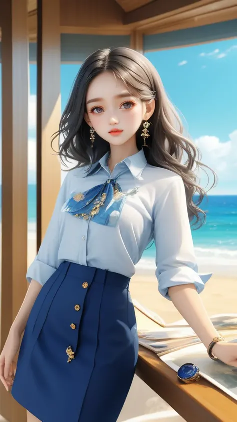 (masterpiece,best quality:1.5),ultra realistic,32k,RAW photo,(high detailed skin:1.2), 8k uhd, dslr, soft lighting, high quality, film grain,Circular polarizer ,(ð,ð),ðµ, pencil skirt , button down shirt ,pretty lady , royal style, gemstone accessories,, anime