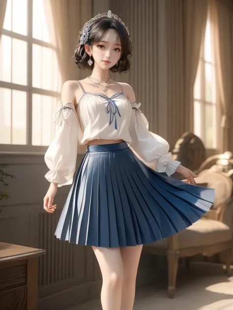 (masterpiece,best quality:1.5),ultra realistic,32k,RAW photo,(high detailed skin:1.2), 8k uhd, dslr, soft lighting, high quality, film grain,Flickr ,(ðï¸),ð,ð¹, pleated skirt , camisole ,pretty lady , royal style, diamond accessories,, anime