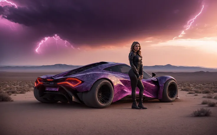 (masterpiece photo of 1girl standing in front of vehicle:1.3) ,full body wide angle cinematic shot [standing on path leading to alien city under glass dome], surreal purple sky,(standing woman holding tablet device:1.3), (vehicle focus:1.3),alien planet, surreal desert terrain, arm extended holding tablet, standing next to widebody++ cyberpunk++ prerunner rally offroad car style of (Giorgetto Giugiaro:1.2), (style of Gordon Murray:1.4), (style of Horacio Pagani:1.1),dark stormy clouds paintjob wrap, [alien sky], (magenta and black cloudy skies storms intricate details depth shadows), [ringed planet in distance], dust trails, dust devil <lora:Drone_Cars_XL:0.5>,BREAK, BREAK,(pale, 24 years old, large covered breasts, cleavage, skinny waist, young european woman, futuristic fashionista:1.5), utility belt, map, (Oval-shaped face, luminous complexion, aqua+ almond-shaped eyes, thin high arched eyebrows, small upturned nose, cupid's bow lips:1.2),(backlit sliced bob medium center part white hair:1.3),form-fitting high tech racesuit with neon magenta accents that highlight her silhouette,(dragon scale leggings:1.1),volumetric lighting