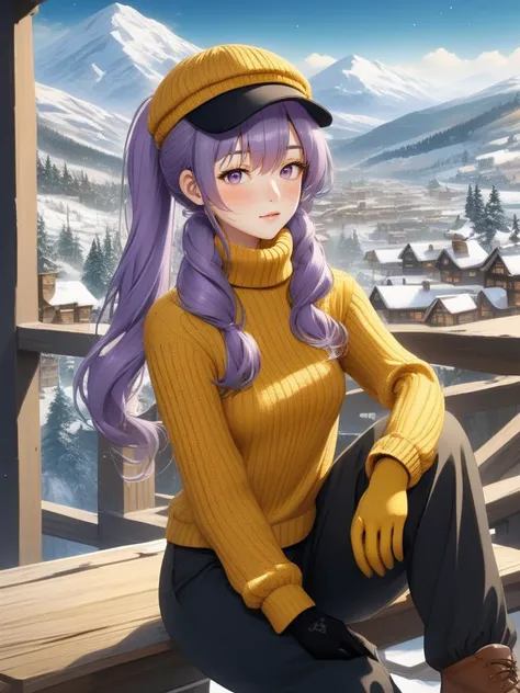 (masterpiece,best quality:1.5),ultra realistic,32k,RAW photo,(high detailed skin:1.2), 8k uhd, dslr, soft lighting, high quality, film grain,split diopter ,(ðï¸),ð,ð,ð±, lady,( deep yellow Pair a fitted turtleneck sweater with wide-leg pants and loafers.:1.1),long hair, (light purple hair ponytail with bangs ,fur hat), in the Mountain,medium  breast,winter day,(âï¸),blue sky,(gloves),[ð¬ð§:ð°ð·:0.5],, anime