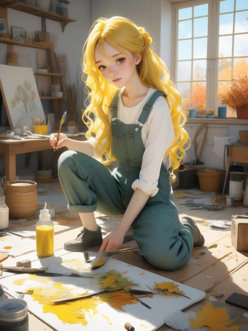 (masterpiece,best quality:1.5),ultra realistic,32k,RAW photo,(high detailed skin:1.2), 8k uhd, dslr, soft lighting, high quality, film grain,macro lens ,(ð,ðï¸),ðªµ,ð¿,ð, lady,(moss overalls, camisole:1.1),long hair, (wavy hair, DayGlo yellow hair),summer day, in the painting studio,messy drawings,large breast,autumn day,(ð:1.1), Working,sweaty,gorgeous light and shadow, stunning environment,(vibrant colors:1.2),palettes, paintbrushes, paint splatters,, anime