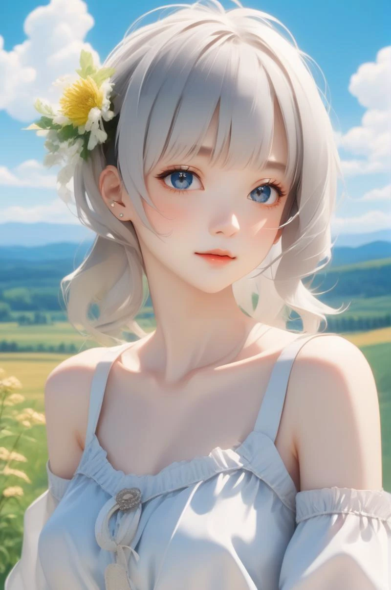 (masterpiece,best quality:1.5),ultra realistic,32k,RAW photo,(high detailed skin:1.2), 8k uhd, dslr, soft lighting, high quality, film grain,Depth of field 100mm ,(,ðï¸),ð±,ð,ð, collarbone, eardrop,(wind),lady,(sexy:1.1),Blue sky, white clouds, view from front ,(Eastern European plateau), summer day, anime